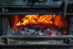 Burning charcoal briquettes in rusty furnace creating glowing embers and flames photo