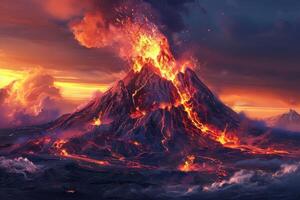 Volcano erupting at sunset with lava and clouds creating dramatic scene photo