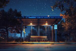 Empty bus stop illuminated under starry night sky photo