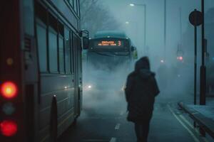 Person walking in the fog on a street with buses passing by photo