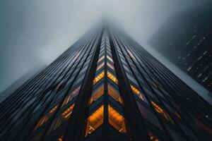 Modern skyscraper piercing fog with illuminated windows at dusk photo