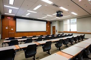 Empty classroom with projector and screen ready for lecture photo