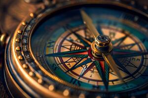 Golden compass pointing south, showing the way for explorers and navigators photo