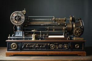 Complex vintage machine with intricate gears and mechanisms displaying industrial revolution era engineering photo