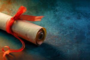 Rolled paper tied with red ribbon on decorative background symbolizing important documents photo