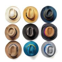 Nine stylish hats hanging on white wall displaying different colors and styles photo