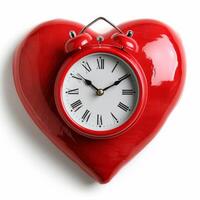 Red heart shaped clock showing time passing quickly on white background photo
