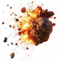 Asteroid exploding with fire and debris on white background photo