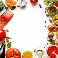 Fresh salmon, fruits, and vegetables creating a vibrant frame on white background photo
