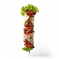 Grilled meat, salad and vegetables wrapped in pita bread forming a skewer photo
