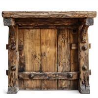 Old wooden door frame showing signs of weathering and age, isolated on white background photo