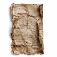 Old crumpled paper with burned edges isolated on white background photo