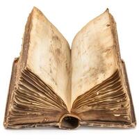 Open old book showing textured pages and binding on white background photo