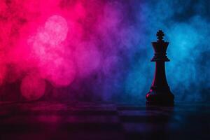 Dark Chess King Piece on Board with Colorful Bokeh Background for Strategic Game Concepts photo