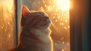 Majestic American Shorthair cat sits by window in side profile, basking in golden hour lighting. White fur texture gleams against bokeh background, creating dreamy atmosphere in sunset glow. profile photo