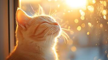 Majestic American Shorthair cat sits by window in side profile, basking in golden hour lighting. White fur texture gleams against bokeh background, creating dreamy atmosphere in sunset glow. feline photo