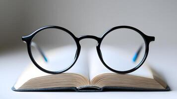 Black round glasses rest on closed book against pure white background. Minimalist composition emphasizes elegant simplicity through professional product photography with soft shadows and studio clas photo