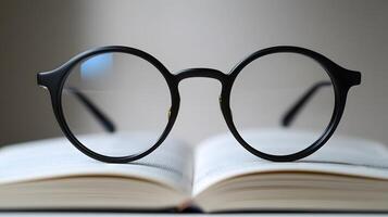 Black round glasses rest on closed book against pure white background. Minimalist composition emphasizes elegant simplicity through professional product photography with soft shadows and studio mode photo