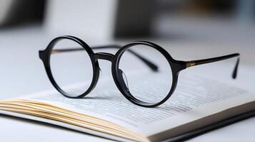 Black round glasses rest on closed book against pure white background. Minimalist composition emphasizes elegant simplicity through professional product photography with soft shadows and studio book photo