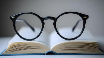 Black round glasses rest on closed book against pure white background. Minimalist composition emphasizes elegant simplicity through professional product photography with soft shadows and studio glas photo