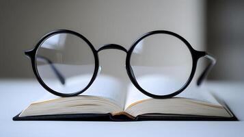Black round glasses rest on closed book against pure white background. Minimalist composition emphasizes elegant simplicity through professional product photography with soft shadows and studio blac photo