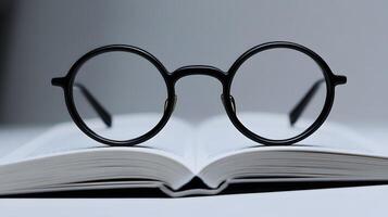 Black round glasses rest on closed book against pure white background. Minimalist composition emphasizes elegant simplicity through professional product photography with soft shadows and studio roun photo