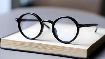 Black round glasses rest on closed book against pure white background. Minimalist composition emphasizes elegant simplicity through professional product photography with soft shadows and studio comp photo