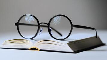 Black round glasses rest on closed book against pure white background. Minimalist composition emphasizes elegant simplicity through professional product photography with soft shadows and studio mini photo