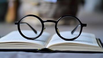 Black round glasses rest on closed book against pure white background. Minimalist composition emphasizes elegant simplicity through professional product photography with soft shadows and studio whit photo