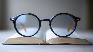 Black round glasses rest on closed book against pure white background. Minimalist composition emphasizes elegant simplicity through professional product photography with soft shadows and studio ligh photo