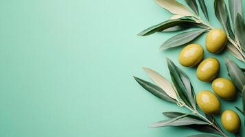 Fresh green olives hang on branch with leaves against light mint background. Minimalist food photography captures organic produce with soft natural lighting in top-view perspective. organic photo