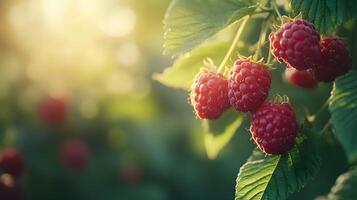 Fresh red raspberries cluster on branch with ripe, juicy appearance. Green leaves provide natural background in garden setting, captured with shallow depth and soft bokeh effect. harvested photo