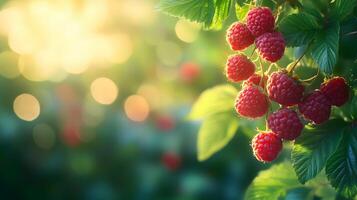 Fresh red raspberries cluster on branch with ripe, juicy appearance. Green leaves provide natural background in garden setting, captured with shallow depth and soft bokeh effect. succulent photo