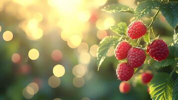 Fresh red raspberries cluster on branch with ripe, juicy appearance. Green leaves provide natural background in garden setting, captured with shallow depth and soft bokeh effect. plump photo