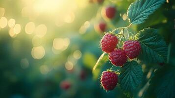 Fresh red raspberries cluster on branch with ripe, juicy appearance. Green leaves provide natural background in garden setting, captured with shallow depth and soft bokeh effect. ripe photo