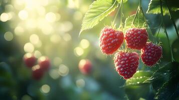 Fresh red raspberries cluster on branch with ripe, juicy appearance. Green leaves provide natural background in garden setting, captured with shallow depth and soft bokeh effect. natural photo