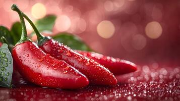 Fresh red Thai chili peppers glisten with water droplets amid vibrant green leaves. Macro photography captures garden setting with selective focus, highlighting organic produce in natural sunlight. r photo