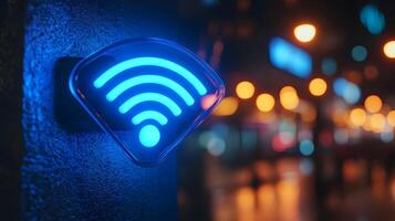 Glowing blue WiFi symbol illuminates wall-mounted sign in modern design. Technology icon stands out in evening atmosphere with bokeh lights creating dark, moody setting. connectivity photo
