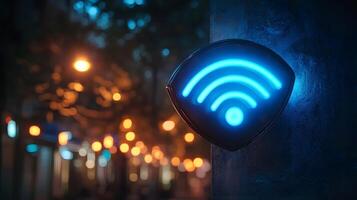 Glowing blue WiFi symbol illuminates wall-mounted sign in modern design. Technology icon stands out in evening atmosphere with bokeh lights creating dark, moody setting. symbol photo
