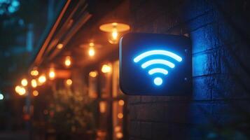 Glowing blue WiFi symbol illuminates wall-mounted sign in modern design. Technology icon stands out in evening atmosphere with bokeh lights creating dark, moody setting. technical photo