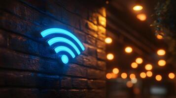 Glowing blue WiFi symbol illuminates wall-mounted sign in modern design. Technology icon stands out in evening atmosphere with bokeh lights creating dark, moody setting. sign photo