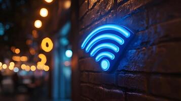 Glowing blue WiFi symbol illuminates wall-mounted sign in modern design. Technology icon stands out in evening atmosphere with bokeh lights creating dark, moody setting. blue photo