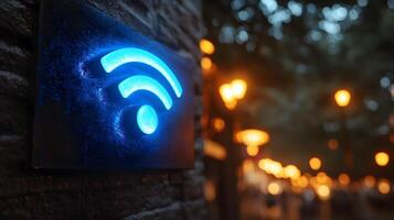 Glowing blue WiFi symbol illuminates wall-mounted sign in modern design. Technology icon stands out in evening atmosphere with bokeh lights creating dark, moody setting. evening photo