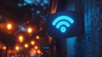 Glowing blue WiFi symbol illuminates wall-mounted sign in modern design. Technology icon stands out in evening atmosphere with bokeh lights creating dark, moody setting. icon photo