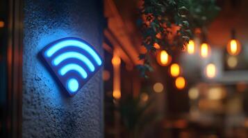Glowing blue WiFi symbol illuminates wall-mounted sign in modern design. Technology icon stands out in evening atmosphere with bokeh lights creating dark, moody setting. dark photo
