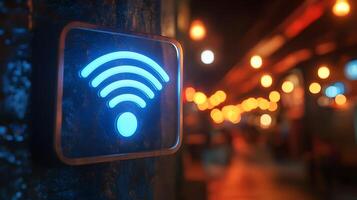 Glowing blue WiFi symbol illuminates wall-mounted sign in modern design. Technology icon stands out in evening atmosphere with bokeh lights creating dark, moody setting. bokeh photo