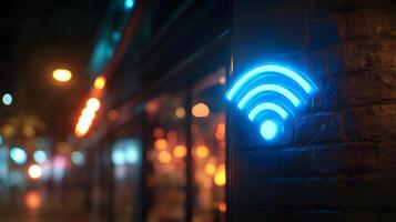 Glowing blue WiFi symbol illuminates wall-mounted sign in modern design. Technology icon stands out in evening atmosphere with bokeh lights creating dark, moody setting. electronic photo