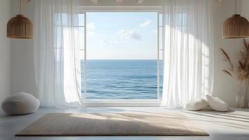 Modern interior showcases ocean view through window with flowing white sheer curtains. Pendant lamps and white windowsill complement coastal design, creating serene atmosphere wit natural daylight. photo