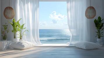 Modern interior showcases ocean view through window with flowing white sheer curtains. Pendant lamps and white windowsill complement coastal design, creating serene atmospherea photo