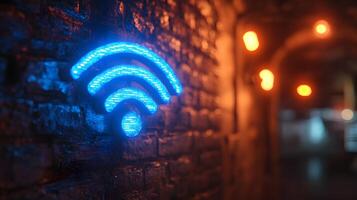 Glowing blue WiFi symbol illuminates wall-mounted sign in modern design. Technology icon stands out in evening atmosphere with bokeh lights creating dark, moody setting. digital photo
